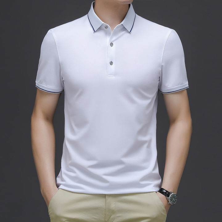 hengyuan-เสื้อยืดแฟชั่นผู้ชายเสื้อยืดผ้าไหมแขนสั้นแข็งเสื้อโปโลผ้าบางสำหรับฤดูร้อนรายละเอียด