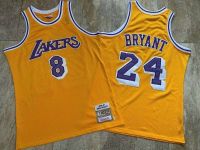 เสื้อบาสเกตบอลผู้ชาย Kobee Bryantt 8/24 Los Angeles Lakerss Mitchell รัดรูป1996-97ไม้คลาสสิกสีทองเสื้อเจอร์ซีย์ของแท้