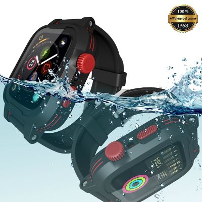 ﹊ Czarny silikonowy wodoodporny zegarek sportowy dla Apple Watch Band 44mm czerwony oddychający pasek bransoletka dla iWatch 4 wodoodporna obudowa