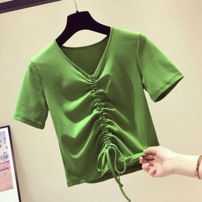 เสื้อยืดผ้าฝ้ายแขนสั้นสำหรับผู้หญิง,เทรนด์เสื้อฐานที่เหมาะสมเข้ารูปสีเขียวผลไม้เนยใหม่สำหรับฤดูร้อน
