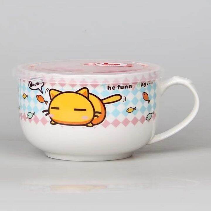 Large ceramic instant noodle bowl with handle sealed freshkeeping bowl