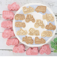 【CW】8 Pcs Engineering Truck Tractor Crane Cookie Mold Cutters Plastic 3D Cartoon Pressable Biscuit Mold Kitchen Baking Pastry Tools