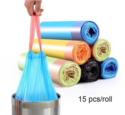 Random Color 15 Pcs/ Roll Thickened Drawstring Automatic Closing Plastic Garbage Bag/ PE Portable Household Trash Bags/ Bathroom Eco-Friendly Waste Bags/ Disposable Kitchen Accessories