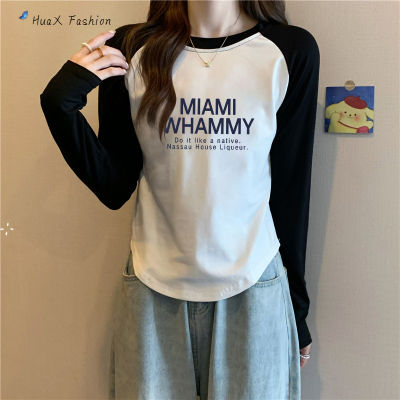 HuaX Women Long Sleeves T-Shirt Retro Contrast Color Trendy Letter Printing Blouse Classic Round Neck Pullover Tops