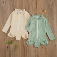 ✹✉ Cute Summer Toddler Baby Girls Long Sleeve Swimsuit Solid Color Ruffle Zipper Rash Guard Swimwear Bathing Suit Infant Beachwear