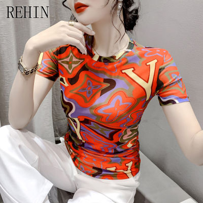 REHIN เสื้อยืดผู้หญิงผ้าตาข่ายฤดูร้อนแฟชั่นคอกลมแขนสั้นพิมพ์ลาย S-3XL เสื้อเชิ้ตชายสไตล์เกาหลีใหม่