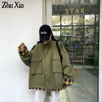 Zhu Xia เสื้อแจ็กเก็ตคาร์ดิแกนกันลมนักเรียนตัวหลวมลายสก๊อตเสื้อแจ็กเกตชายปะเข้าสไตล์ Bf