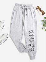 Cartoon Planets Print Solid Joggers Sweatpants Sports Pants For Winter Fall Womens Clothing