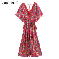 Vintage chic fashion women peacock Floral print bat sleeve beach Bohemian maxi dresses Ladies V neck Tassel Summer Boho dress