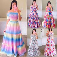 ◑✟❏ 2023 New Spring And Summer European women 39;s Dress One line Shoulder Floral Fashion Off shoulder Long Printed Skirt