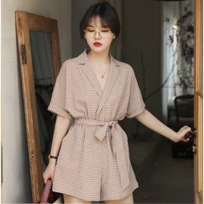 #61480 ashion V-neck Plaid Rompers Ladies Short Sleeve Casual Jumpsuit