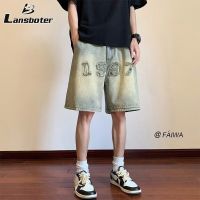 Lansboter Celana Pendek Denim นิ่มแบบยืดได้สำหรับผู้ชาย,Celana Pendek Denim ทรงหลวมยืดหยุ่นง่ายและซีด