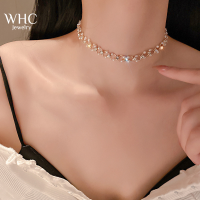 WHC Jewelry หรูหราประกายเพชรสร้อยคอมุกสำหรับผู้หญิงที่สวยหรูกระดูกไหปลาร้าโซ่