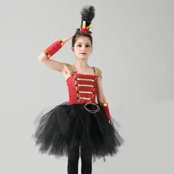 Kids Girl Magician Circus Ringmaster Cosplay Costume Long Sleeve Tutu Dress  with Mini Top Hat for