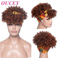 OUCEY Synthetic Hair Afro Kinky Curly Wig With Bangs Synthetic Wig Ombre Color Headband Wig Short Wigs For Black Women