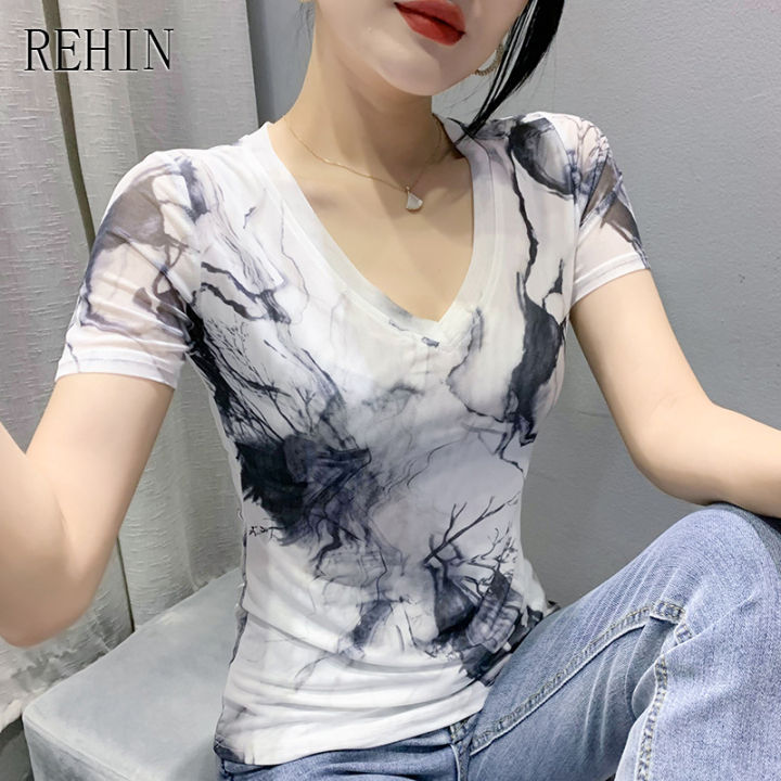 rehin-women-s-top-summer-new-v-neck-short-sleeved-t-shirt-slim-type-creative-printing-elegant-blouse