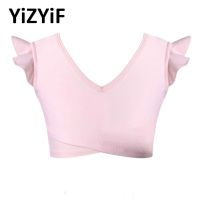 ▬ New Kids Girls Dance Tops V Neck Ruffle Sleeveless Straps Hollow Out Open Back Active Workout Ballet Dancewear Exercise Bra Top