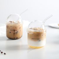 Creative Glass Cup with Lid and Straw for Ice Coffee Girl Cute Boba Ins style Kawaii Milk Tea Cup Cold Drink Juice Cup 450ML Cups  Mugs Saucers