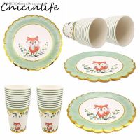 ﺴ◕ 8Pcs Woodland Animals Fox Paper Plates Cup Disposable Tableware Kids Happy Birthday Party Baby Shower Jungle Theme Decor Supple