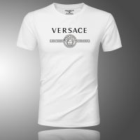 VersaceStudy เสื้อยืดแขนสั้นผู้ชาย,เสื้อยืดเข้ารูปพอดีอินเทรนด์ครึ่งแขนคอกลมเสื้อยาวปิดถึงก้นลำลองสีขาวขนาดใหญ่