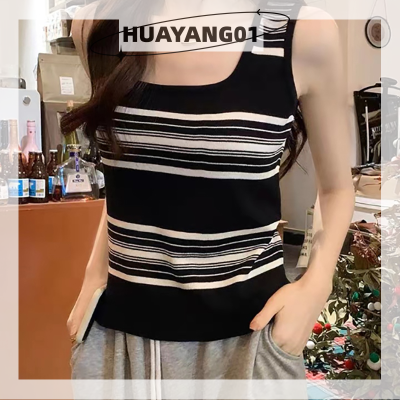 HUAYANG01 [2023 new HOT FASHION] lazlook เสื้อสายเดี่ยวถักลายทางสำหรับผู้หญิงเสื้อครอปคอสี่เหลี่ยมแขนกุดเซ็กซี่ฤดูร้อน