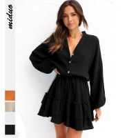 [COD] 2022 European and fashion womens autumn clothes new button long-sleeved loose dress elastic waist ruffled