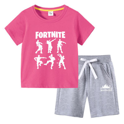 Fortnites ชุดสูทกางเกงขาสั้นแขนลำลองขาสั้นเสื้อยืดแฟชั่นการ์ตูนเด็กแบบใหม่ผ้าฝ้ายฤดูร้อนสไตล์เกาหลี2ชิ้นเด็กหญิงเด็กชาย0000