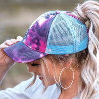 DongKing Tie Dye Mesh Splicing Criss-Cross Hollow Out หมวกเบสบอล Snapback Trucker Hats