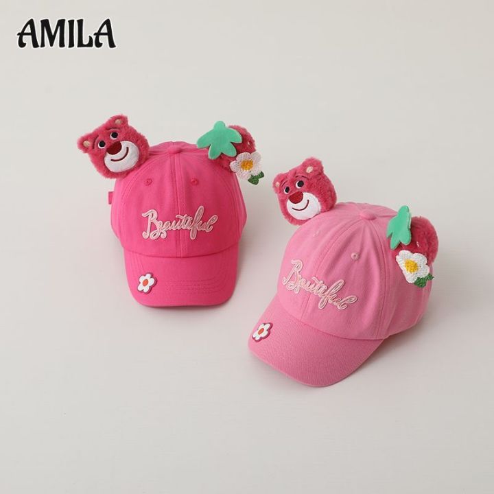หมีสตรอเบอร์รี่หมวกเบสบอลสำหรับเด็ก-amila-กุหลาบน่ารักหมวกเบสบอลหวานสีชมพู