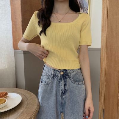 Pure Color Ice Silk Knitwear Womens All-Match Short-Sleeved Korean Style Temperament Slim Fit Slimming Top