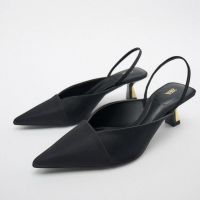 Summer Special New ZARAˉWomens Shoes Black Slingback French Temperament High Heel Muller Toe Sandals