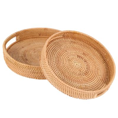 Rattan Handwoven Round High Wall Severing Tray Food Storage Plate over Handles for Breakfast,Drinks,Snack for (Set Of 2:S+L)