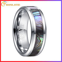 BONLAVIE 8mm Wide Tungsten Carbide Ring Wedding Band Steel Color Inlaid Abalone Shell Tungsten Steel Ring Mens Ring T231R