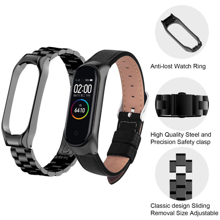 mi-band-45-strap-2-pack-metal-stainless-steel-amp-leather-watch-bracelet-for-xiaomi-mi-band-6-strap-compatible-miband-5-wristband
