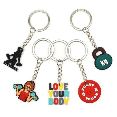 1pc Cartoon PVC Keychain Strength Sports Barbell Dumbbell Weight Fitness With Words Gym Crossfit Keyring Keychain Gifts Key Chains