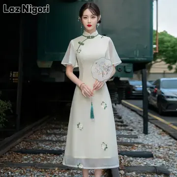 Giảm giá Set váy Hán phục cách tân cô gái Trung Hoa Dân Quốc áo cổ tàu tay  lỡ thêu hoa  chân váy xòe dáng dài  BeeCost