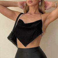 Thaya Crop Tops ฤดูร้อนลำลองสีทึบ Halter Camisole Inverted สามเหลี่ยม Hem เสื้อกั๊ก Backless เสื้อ