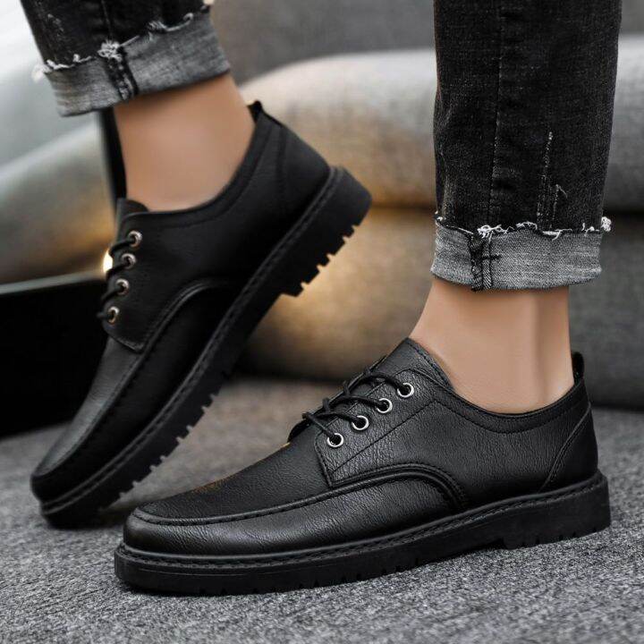 ready-2023-new-mens-korean-style-mens-low-top-black-casual-leather-shoes-waterproof-non-slip-tooling-boots-leather-panel-shoes