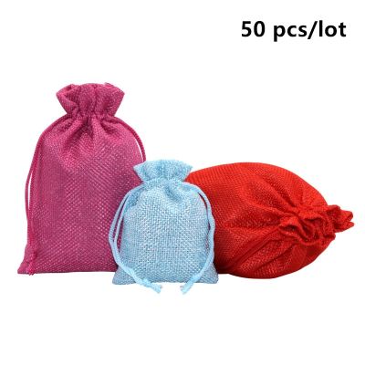 50 Pcs/Lot Christmas Gift Jute Drawstring Bags Jewelry Fabric Package Pouches Multi Colors Small Storage Sacks Pocket Gift Wrapping  Bags