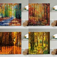 Oil Painting Scenery Shower Curtain Autumn Maple Leaf Graffiti Art Design Bathroom Waterproof Polyester Curtains Home Decoration