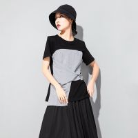 European Summer Punk Female Irregular Hem Patch Stripe Colours Cross Receive Show Thin Waist Short Sleeve T-Shirt