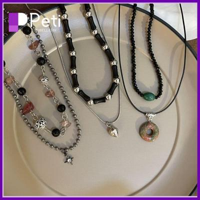 PETI JEWELLERY จีนใหม่ สร้อยคอหินธรรมชาติ ไม้คริสตัลโลหะ สองชั้น โซ่ลูกปัดโบฮีเมียน ของขวัญสำหรับเด็ก เครื่องประดับอัญมณีอัญมณี จี้แหวนกลม สำหรับ Punk/Collier/Hippie/Unisex พังก์สไตล์