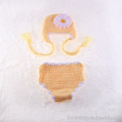 ♕ Recém-nascido malha fotografia criança crochê tricô tiro chapéu calças conjunto com flor meninas do bebê foto adereços