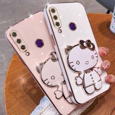 Folding Makeup Mirror Phone Case For Huawei Y6P 2020 Y8P 2020  Case Fashion Cartoon Cute Cat Multifunctional Bracket Plating TPU Soft Cover Casing