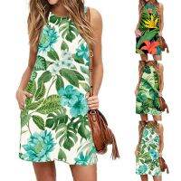 【CW】✚♦  Floral Leafs Printing V-Neck Dresses Boho Sleeveless Ladies Beach