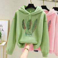 Aone(พร้อมส่ง/ใหม่HG013)เสื้อกันหนาวขนแกะผู้หญิงเวอร์ชั่นเกาหลีพิมพ์ลายขนนกมีฮู้ดเสื้อลำลองผู้หญิงแฟชั่น
