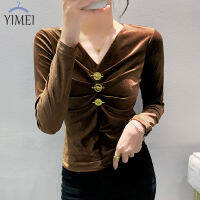 YIMEI เสื้อกำมะหยี่กว่างโจวคอวีแขนยาวสวยสำหรับผู้หญิง,เสื้อเชิ้ตมีจีบหรูหราเบาดีไซน์เพรียวบาง2023ฤดูใบไม้ร่วง