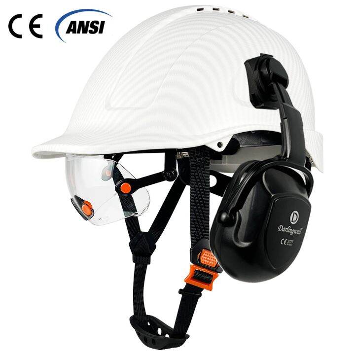 CE Carbon Fiber Safety Helmet With Visor Earmuffs ABS Industrial Head