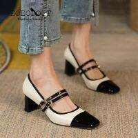 2023 Spring 6CM Heeled Shoes Leather Patchwork Pumps Vintage Chunky Heels Black White Mary Janes Shoes Sandals