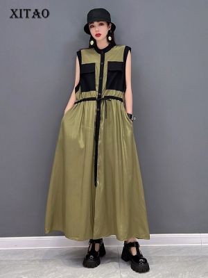 XITAO Dress Women  Loose Stand Collar Sleeveless Dress